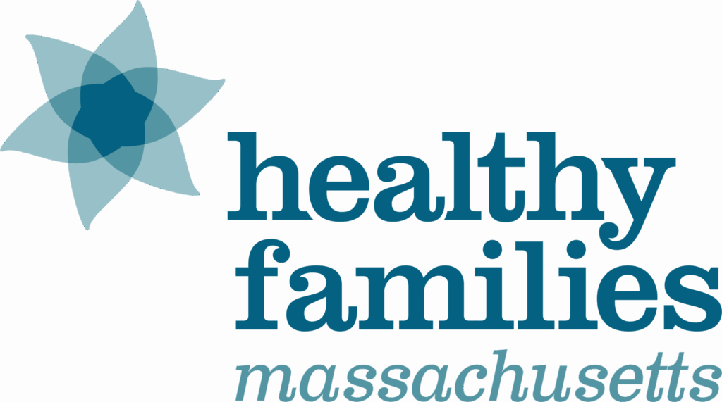 Logo for Healthy Families Massachusetts featuring a blue abstract flower shape to the left of the text healthy families in bold, massachusetts in italic below—representing their commitment to home visiting support.