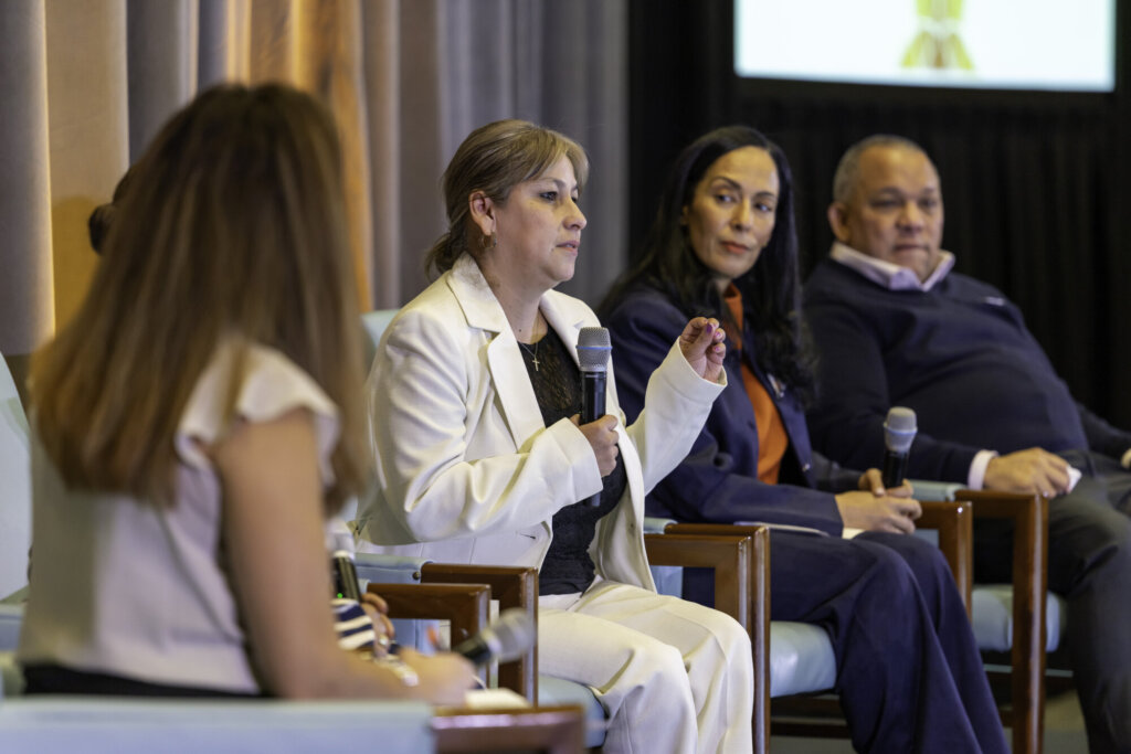 Panel of 4, with a panelist member speaking to the ballroom of attendees.