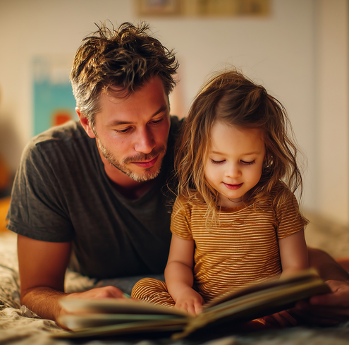 Dad reading a book to his daughter.