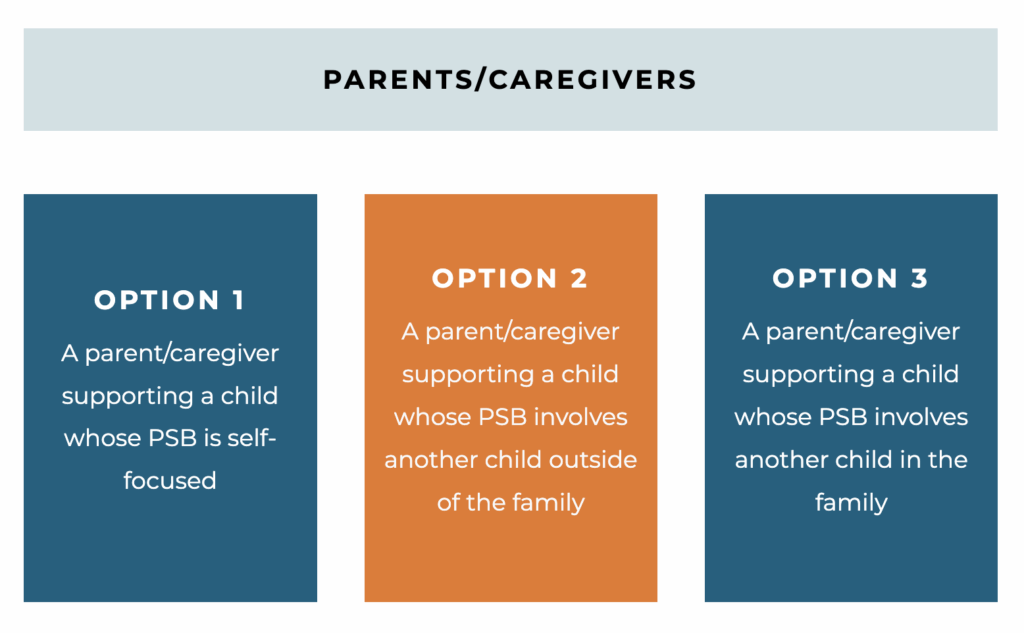 This graphic illustrates options caregivers have when addressing problematic sexual behavior: 

Option 1: a parent/caregiver supporting a child whose PSB is self-focused.

Option 2: A parent/caregiver supporting a child whose PSB involves another child outside the family. 

Option 3: A parent/caregiver supporting a child whose PSB involves another child in the family.