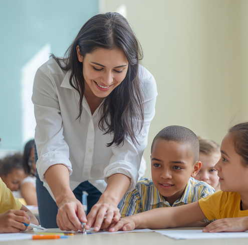 A teacher in a white shirt helps young students with a classroom activity at a table. The children, wearing yellow shirts, look engaged and happy as they work together.