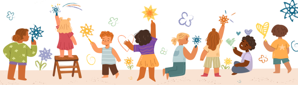 A group of diverse children draw colorful stars and shapes on a wall, some standing, kneeling, or on tiptoe, while one child stands on a stool holding a sparkly wand.