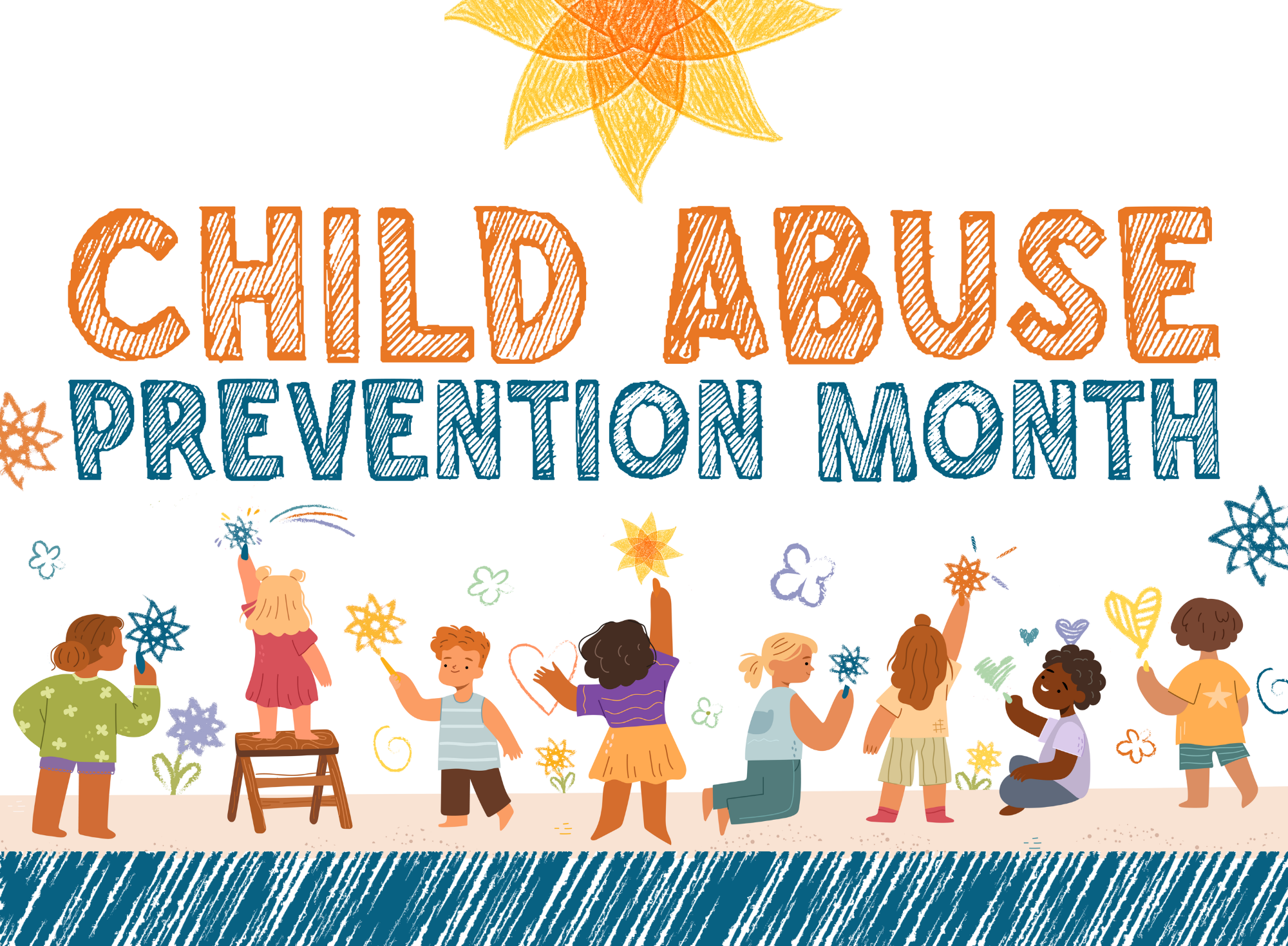 Illustration of diverse children drawing flowers and stars, with colorful, crayon-style text above them reading Child Abuse Prevention Month and a large sun at the top, highlighting the importance of Child Abuse Prevention.
