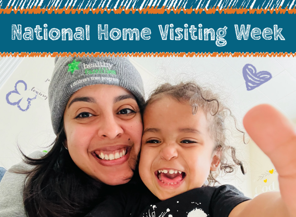 A smiling woman in a beanie and a happy child pose for a selfie. The text above them reads National Home Visiting Week on a blue and orange background with playful doodles of hearts and butterflies around their faces.