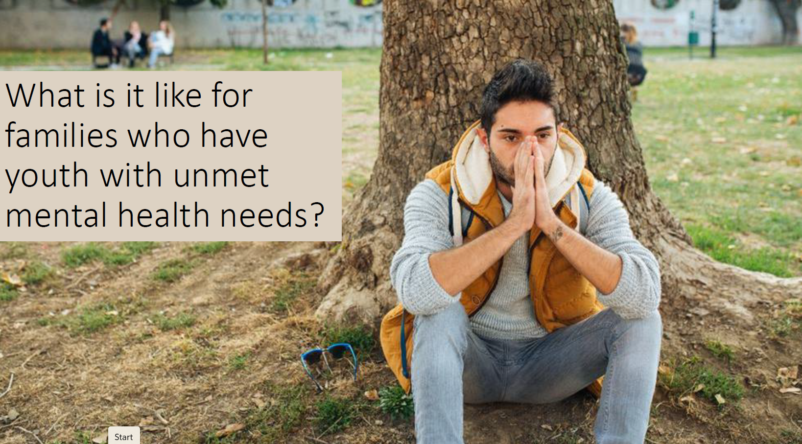 A young man sits on the grass under a tree, looking thoughtful and concerned with his hands pressed together. Text beside him asks, "What is it like for families who have youth with unmet mental health needs? Parent Survey Data reveals more.