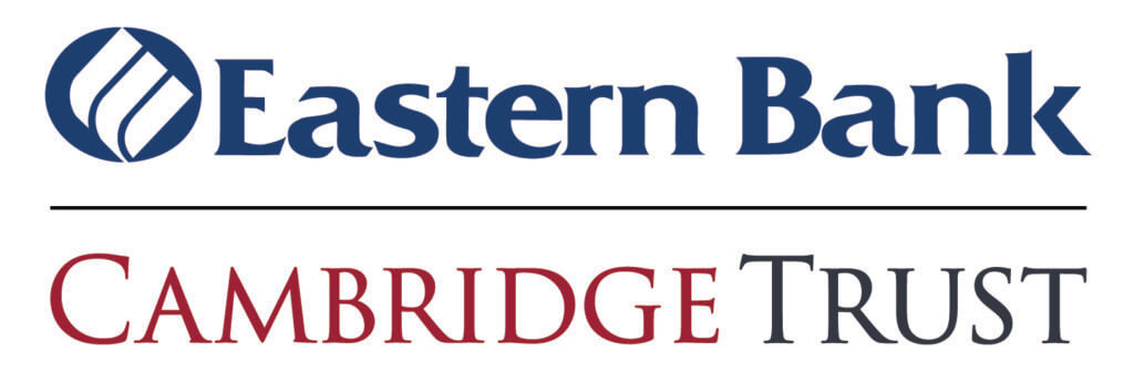 Eastern Bank logo in blue above a black line Cambridge Trust logo in red and black below the line.