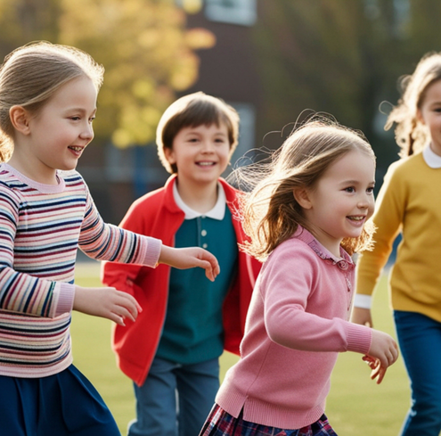 Four young children, smiling and laughing, run together outside on a grassy field on a sunny day. They wear colorful sweaters and appear happy and energetic. Trees and a blurred building are visible in the background.